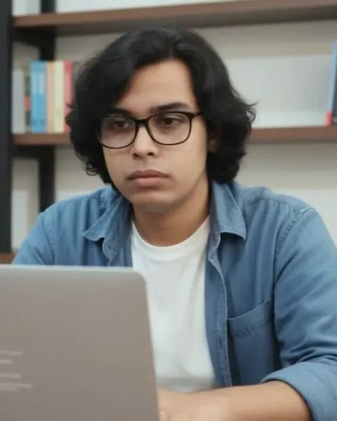 Indranava De, Reviews Editor at Living Statement, seated at a desk with a laptop in front of a bookshelf.