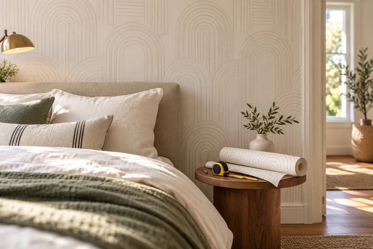 A roll of pale patterned wallpaper and a tape measure beside a bed as a bedroom feature wall is planned.