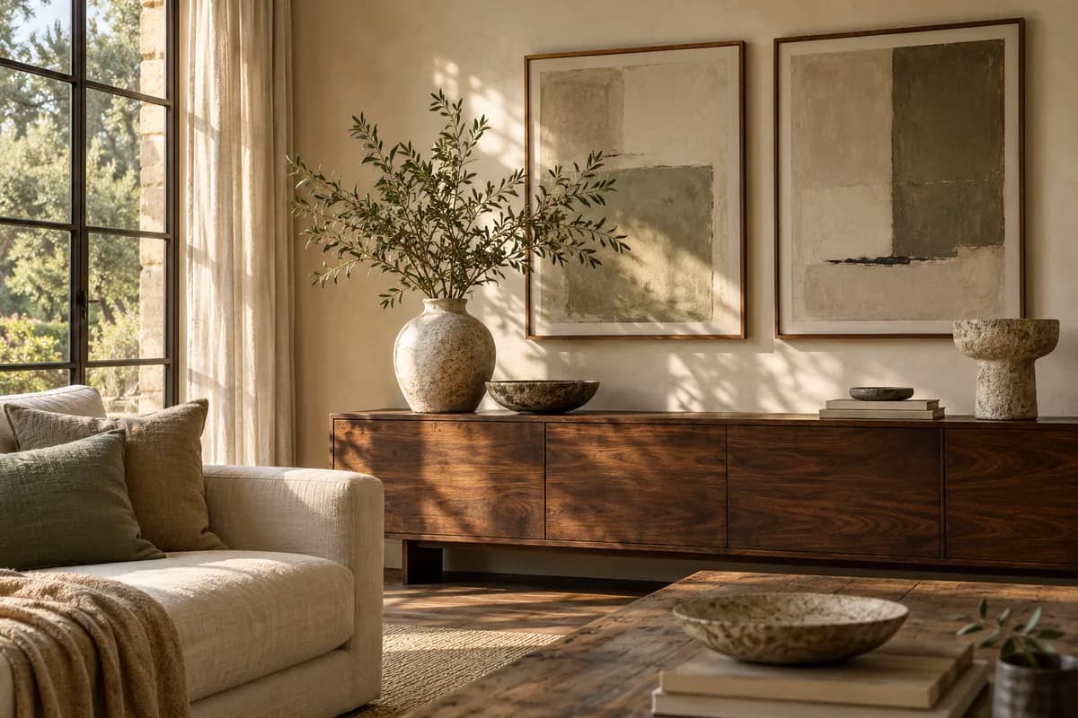 Two muted framed abstract prints above a walnut console, showing how a focal wall can relate to nearby furnishings.