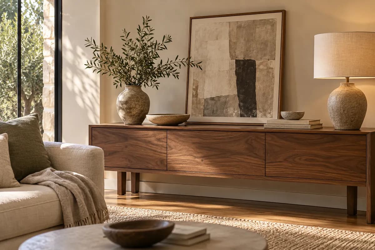 A framed abstract print and softly glowing table lamp on a walnut console against a warm neutral wall.