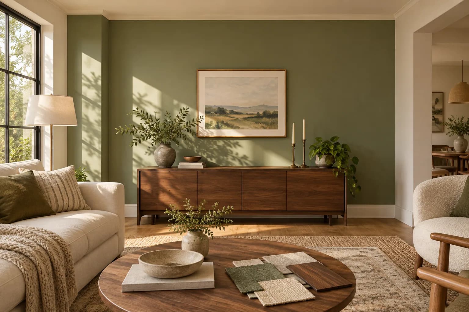 Illustrative living room with a muted sage feature wall and swatches, not a record of a real project or a guaranteed color result.