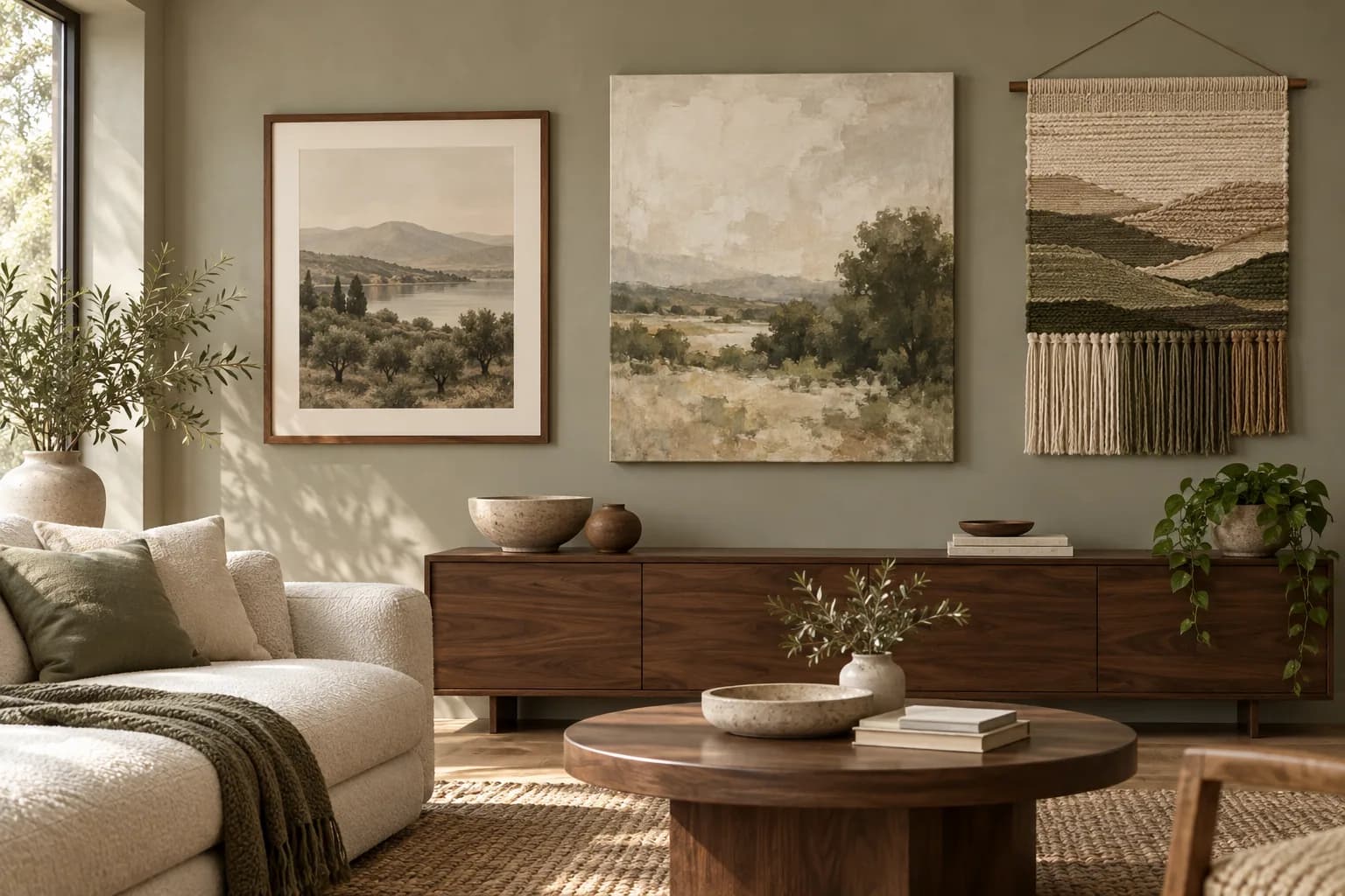 A framed paper print, a canvas, and a woven textile displayed together above a walnut console; illustrative comparison.