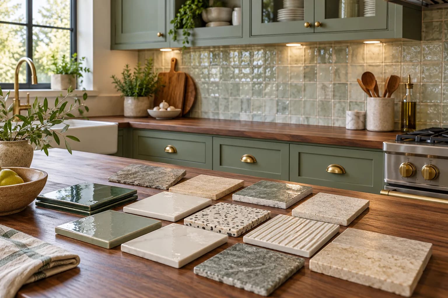 A kitchen backsplash with tile samples arranged on a walnut counter for material comparison.