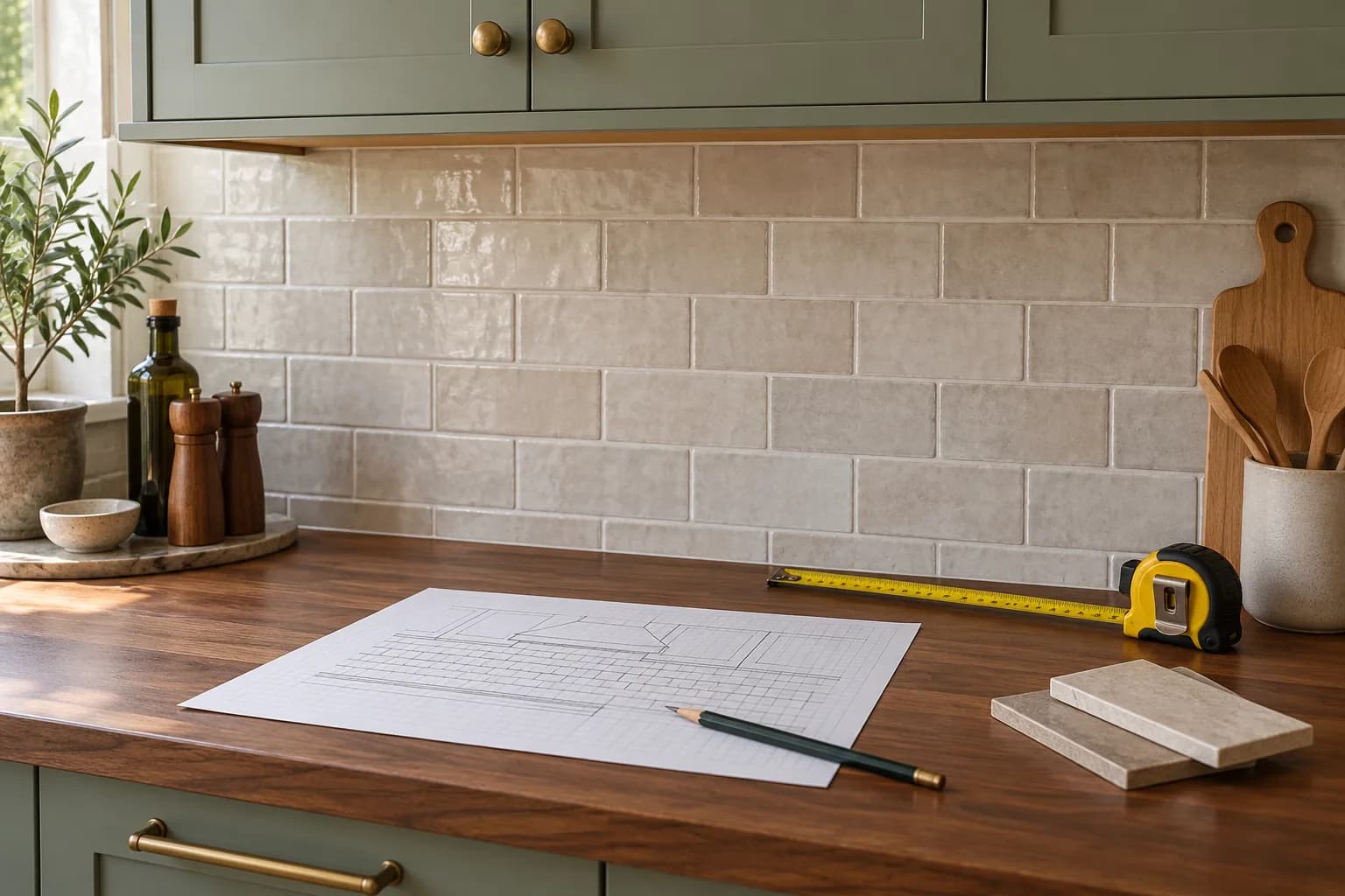 A tiled backsplash above a walnut counter with a measuring tape and planning sketch in the foreground.