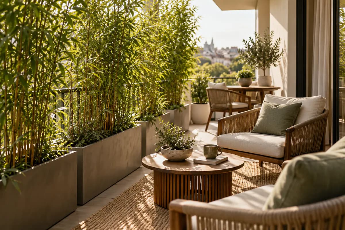 Tall leafy bamboo in long planters creating a soft privacy screen on a small balcony.