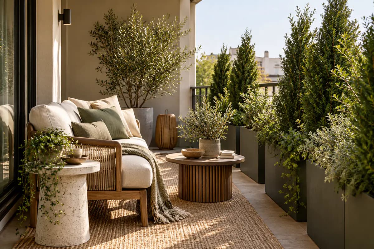 A compact balcony with spaced evergreen shrubs screening a neighboring view.
