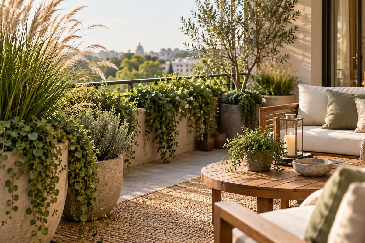 Layered balcony privacy planting with tall grasses and trailing vines in muted planters.