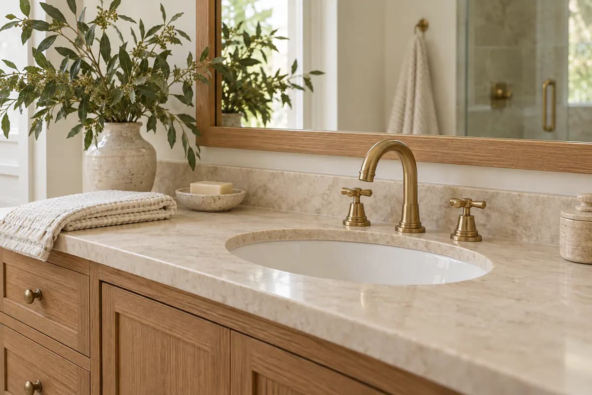 Brushed metal faucet over a basin on a stone-look bathroom counter.