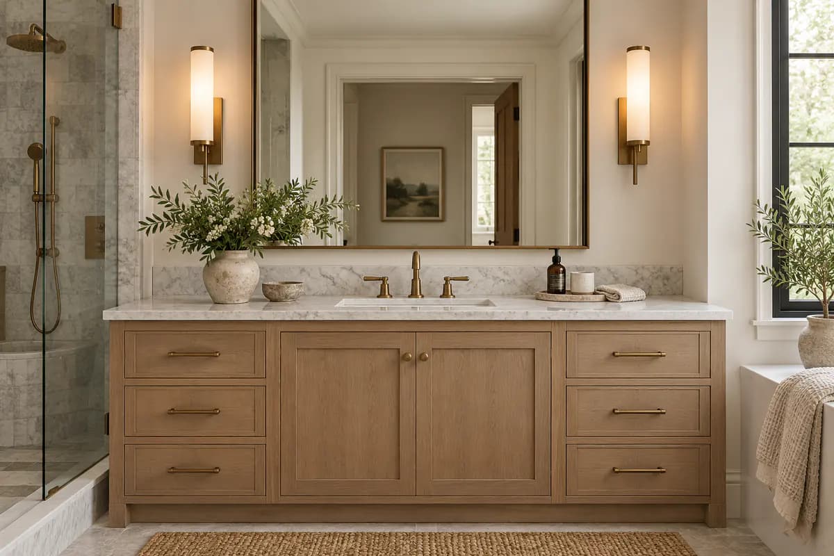 Oak bathroom vanity with a wide basin and mirror in soft natural light.
