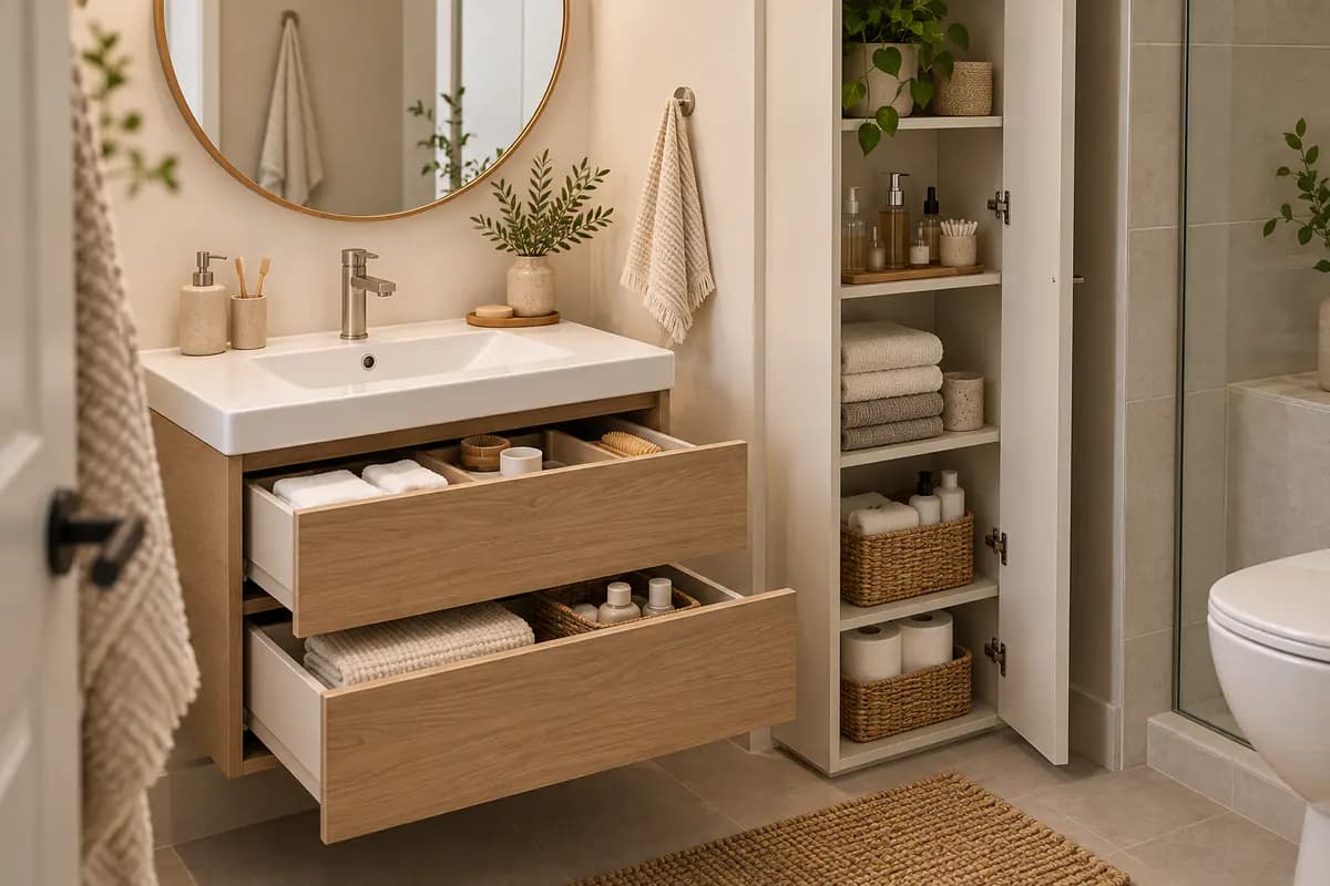 Compact bathroom vanity with open drawers and organized baskets.