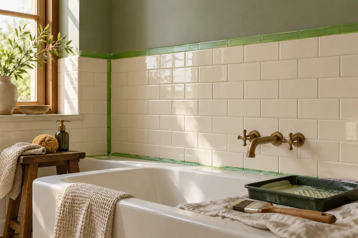 A bathroom tile surface cleaned and masked before repainting, with brush and tray nearby.