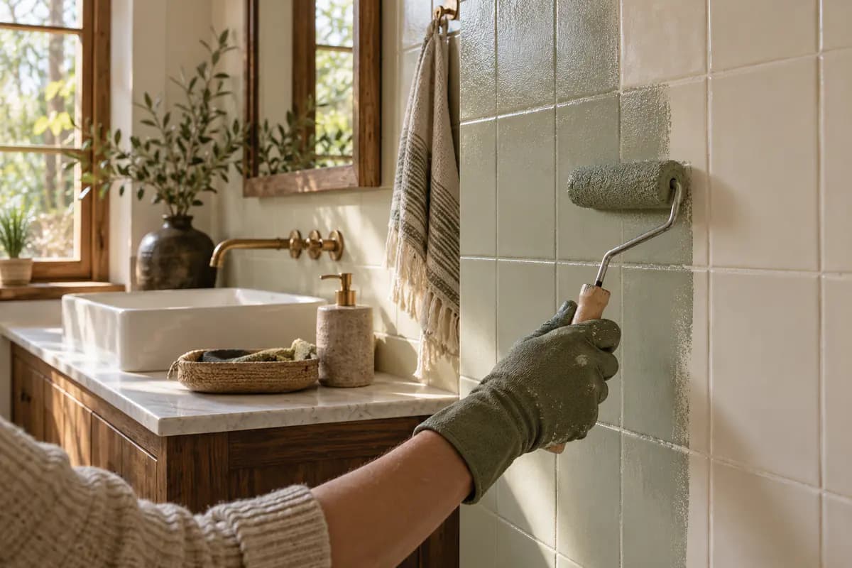 A single gloved hand applying a thin coat of tile paint to a small tiled bathroom wall.