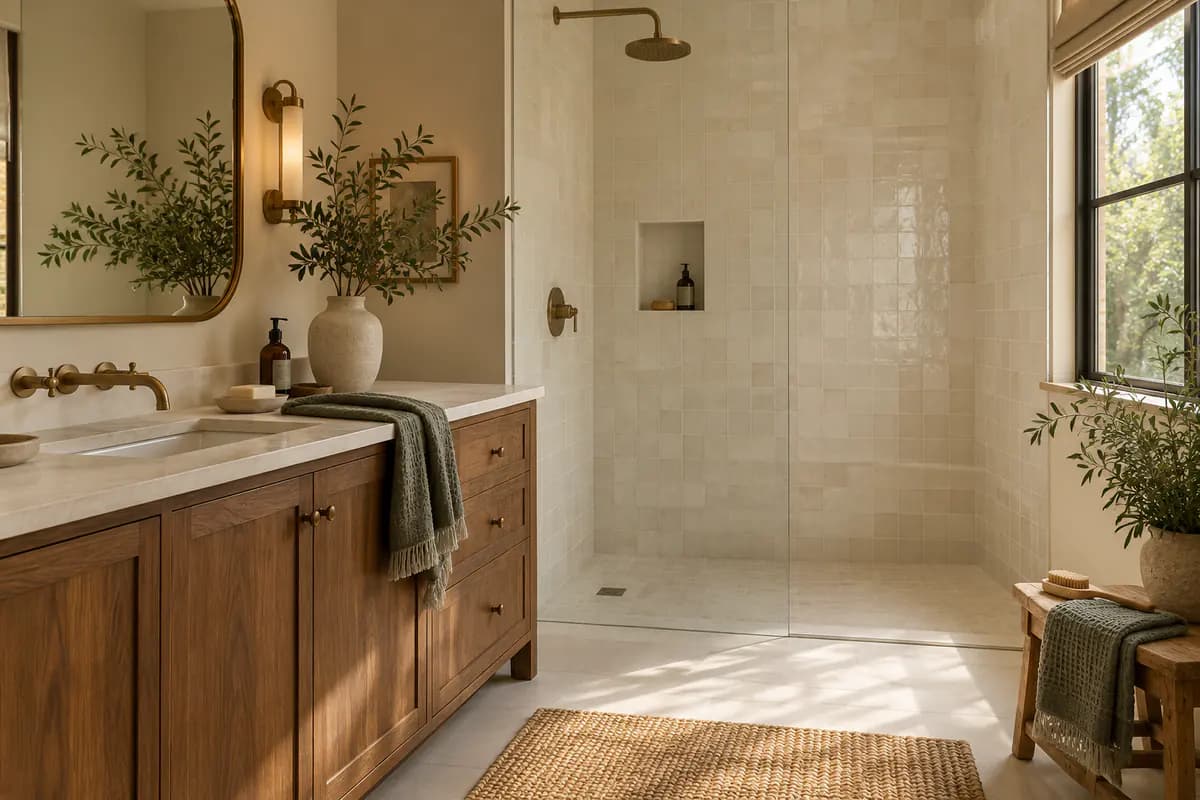 Freshly refinished pale bathroom tile beside a simple vanity, realistic matte finish.