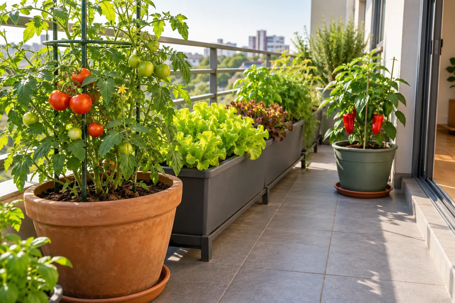A compact balcony vegetable garden with tomato, lettuce, and pepper plants in separate containers.
