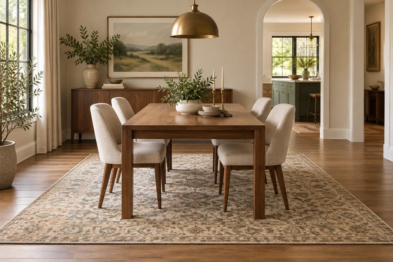 A dining table and pulled-out chairs positioned on a patterned rug in a bright room.