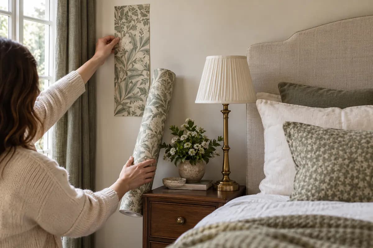 A wallpaper roll and sample strip held beside a bedroom wall for pattern scale.
