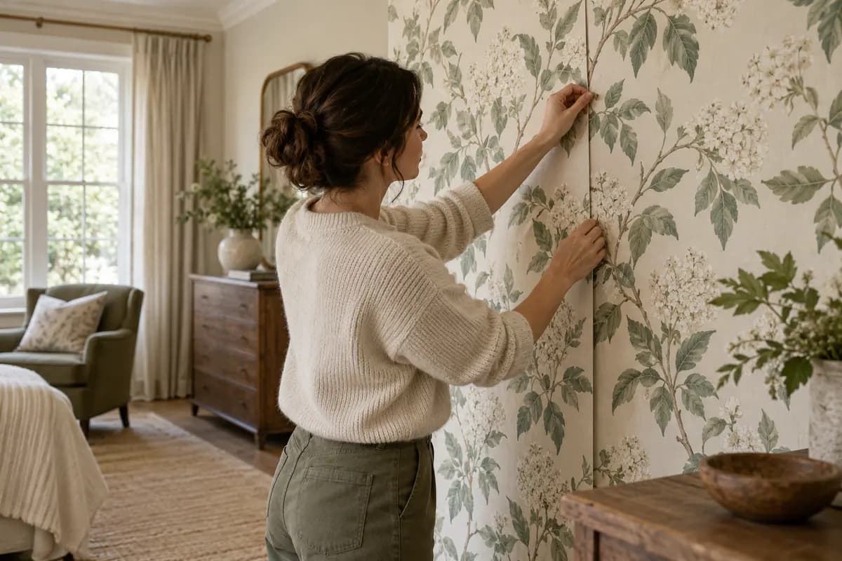 A person aligning two wallpaper sample drops to match a repeating botanical pattern.