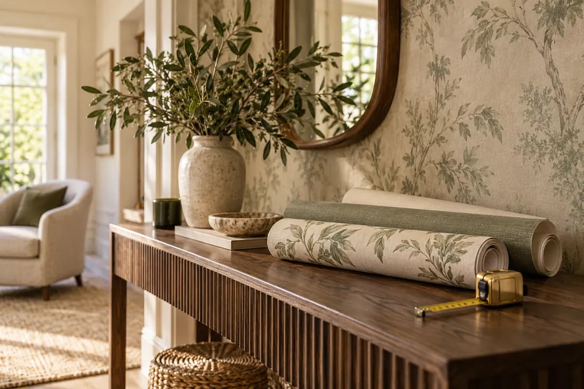 Wallpaper rolls and measuring tape on a console beside a warm neutral feature wall.