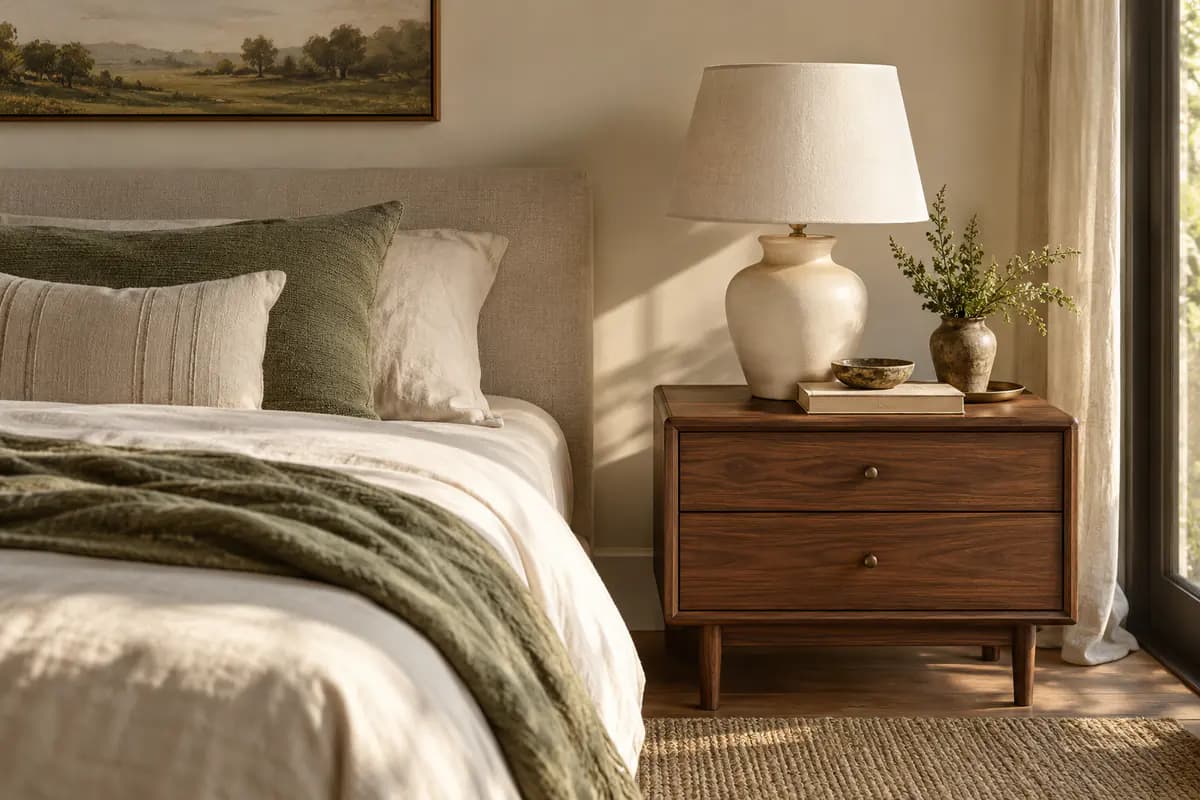 A walnut bedside table with an ivory table lamp proportioned beside a low headboard and book.