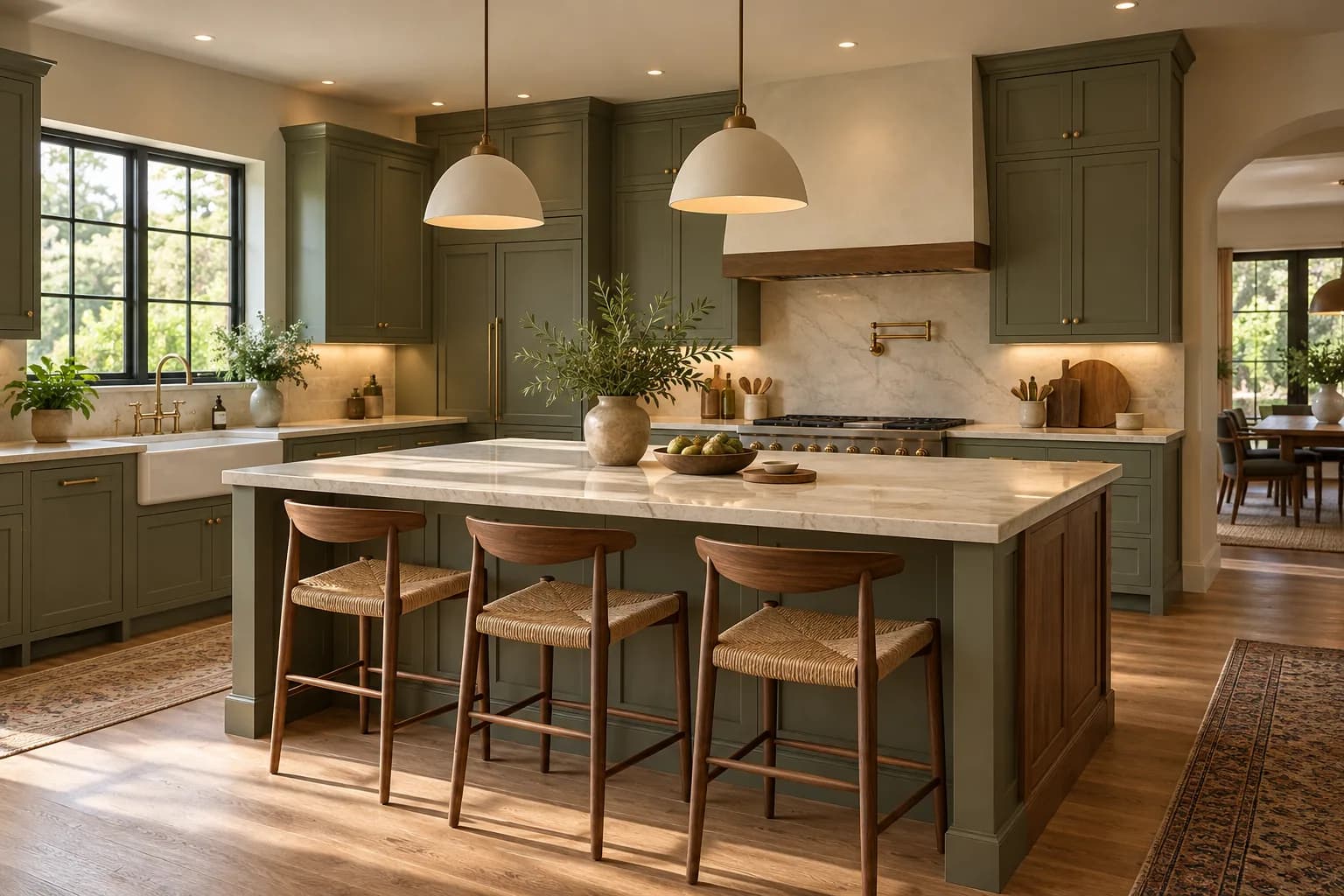 A sage and walnut kitchen island under two pendant lights with ambient and under-cabinet lighting; illustrative room styling.