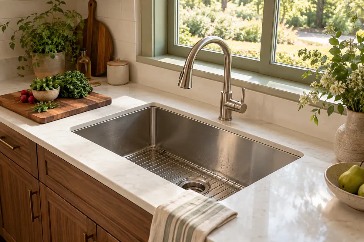 A deep stainless steel kitchen sink beneath a bright window with a curved brushed-metal faucet.
