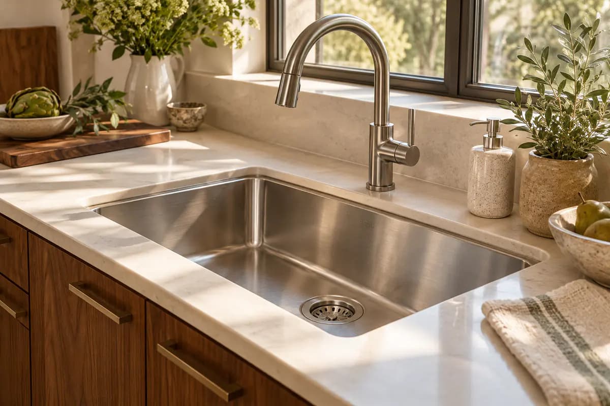 Close detail of a stainless sink rim and drain set into a pale stone counter.
