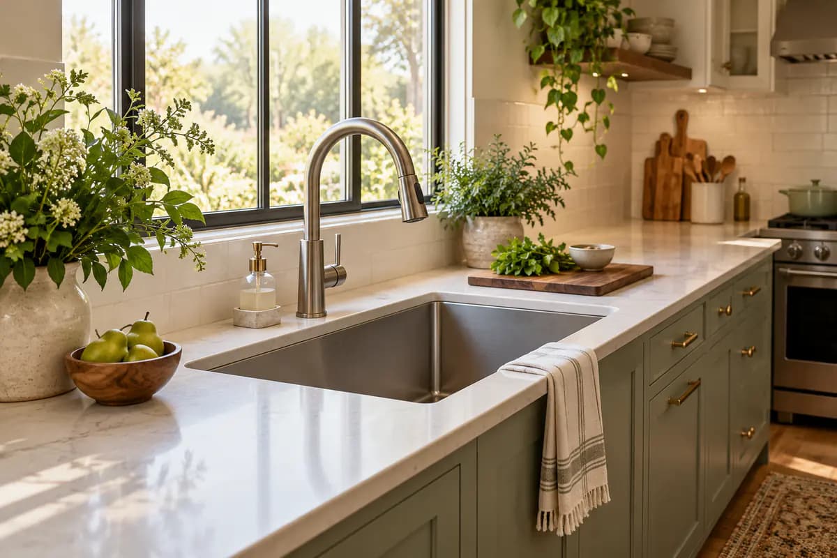 A calm kitchen work area with an undermount sink, pull-down faucet and clear counter space.