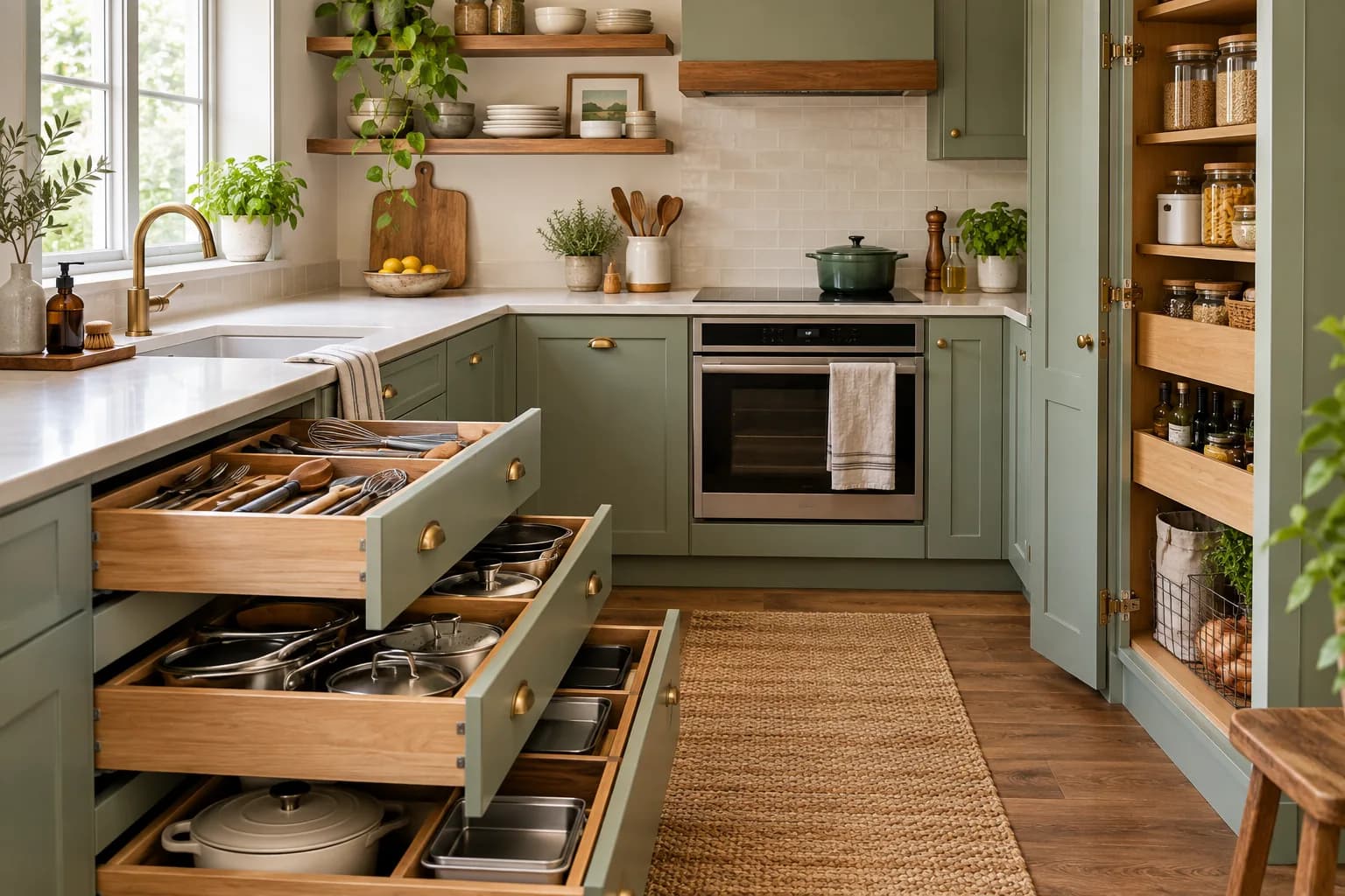 A sage-green kitchen with grouped cookware in open drawers and pantry storage along one wall.