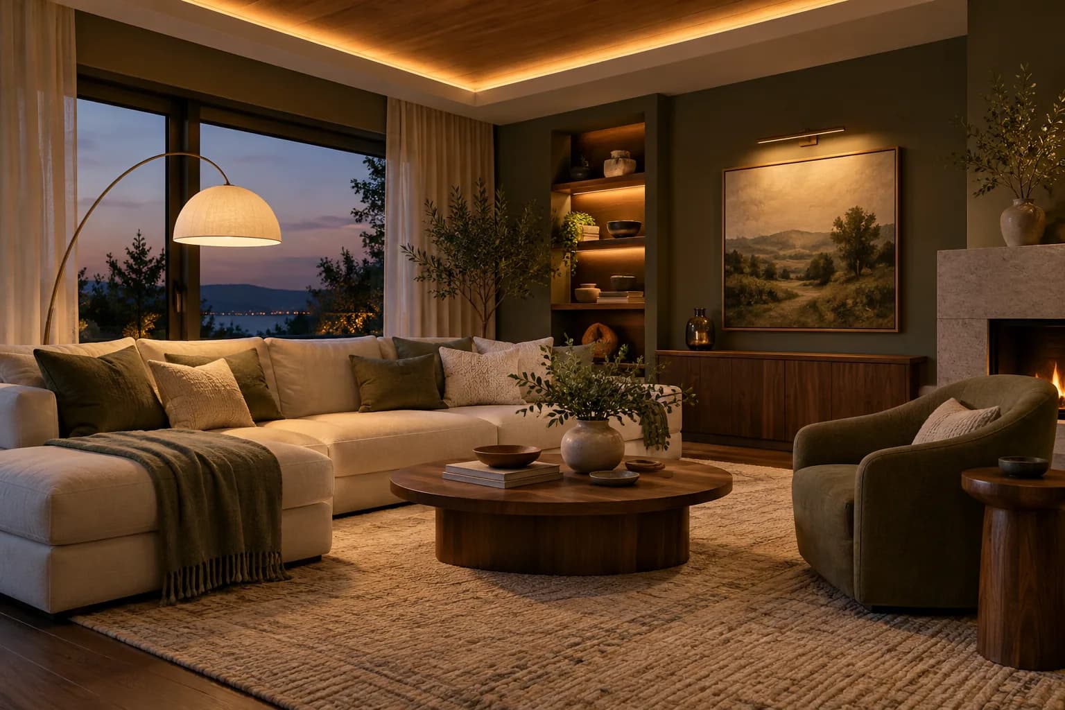 A living room with a floor lamp, ceiling cove light, and accent lighting near artwork at dusk.