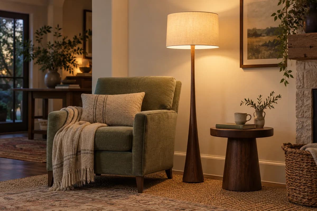 Warm table lamp beside an olive-green chair in a calm living room with natural textures.