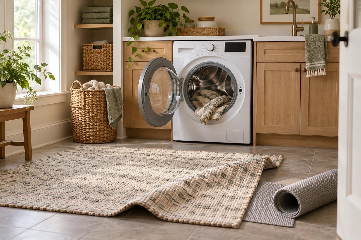 Illustrative laundry scene with a patterned rug cover partly folded in a front-loading washer and its separate rug pad rolled beside it.