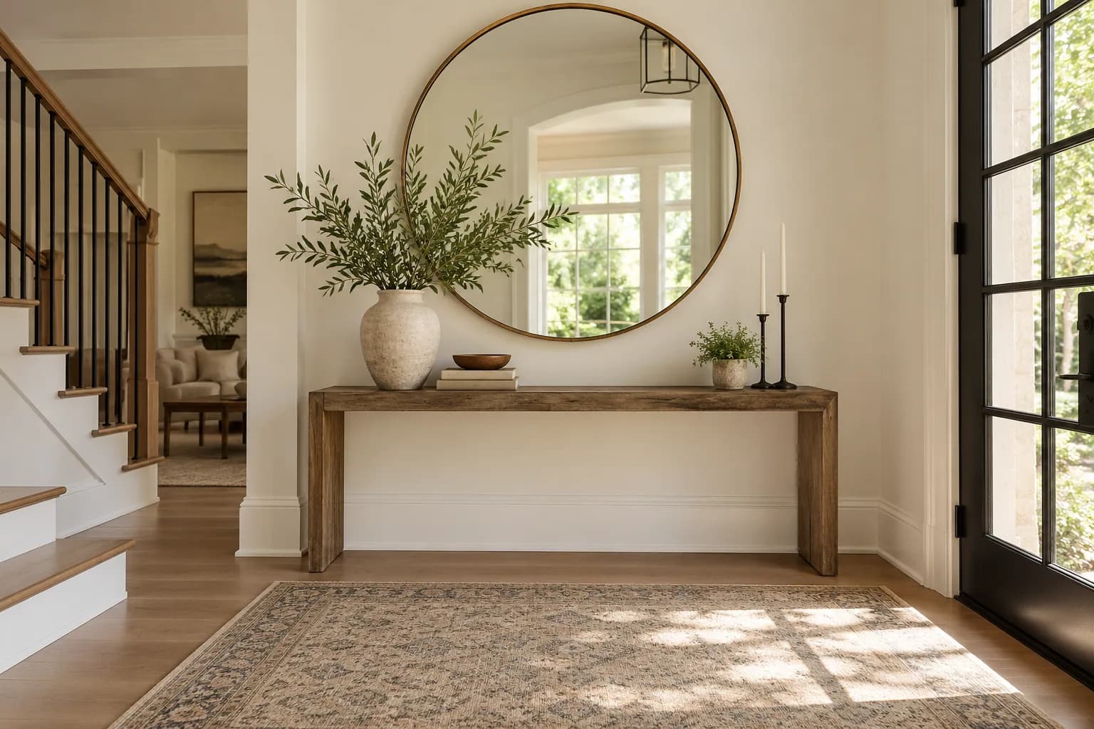 A round mirror centered above a slim console in a bright, uncluttered entryway.