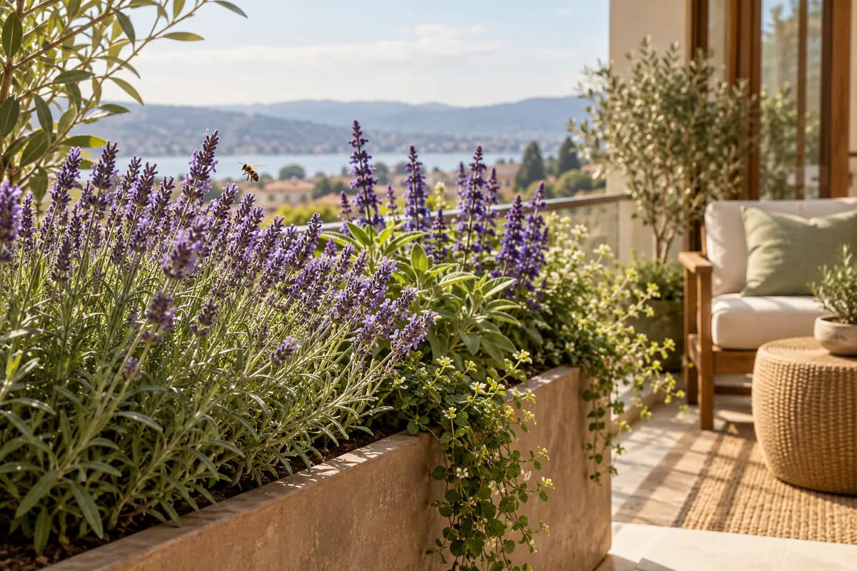 A balcony planter of lavender and salvia with a single bee visiting the flowers.