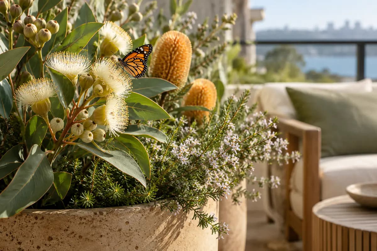 A close view of native flowering plants in a balcony container attracting a butterfly.