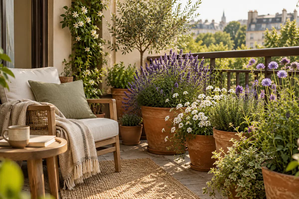 A small balcony pollinator garden with purple and white blooms in terracotta pots.