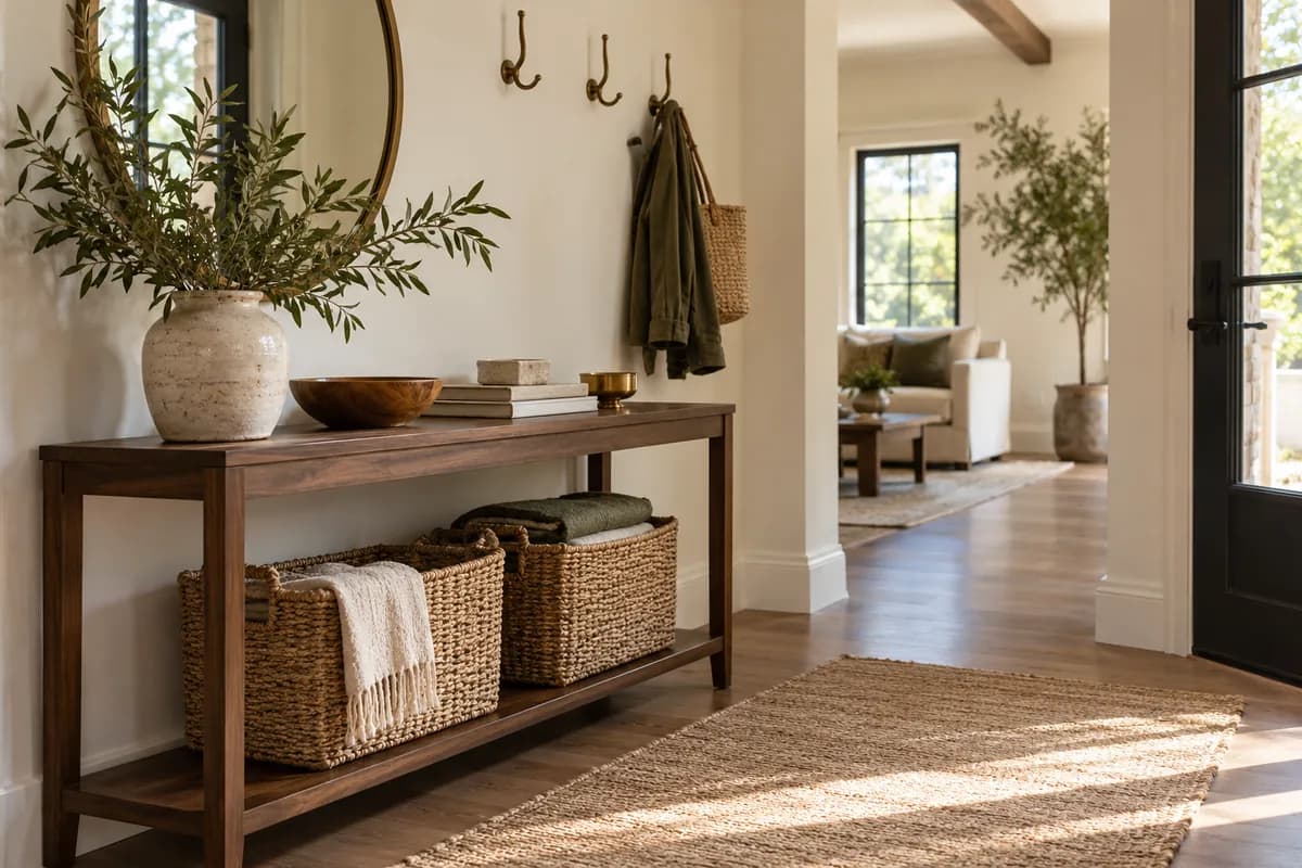 A walnut entryway console with woven baskets, wall hooks, and a clear walkway in natural light.