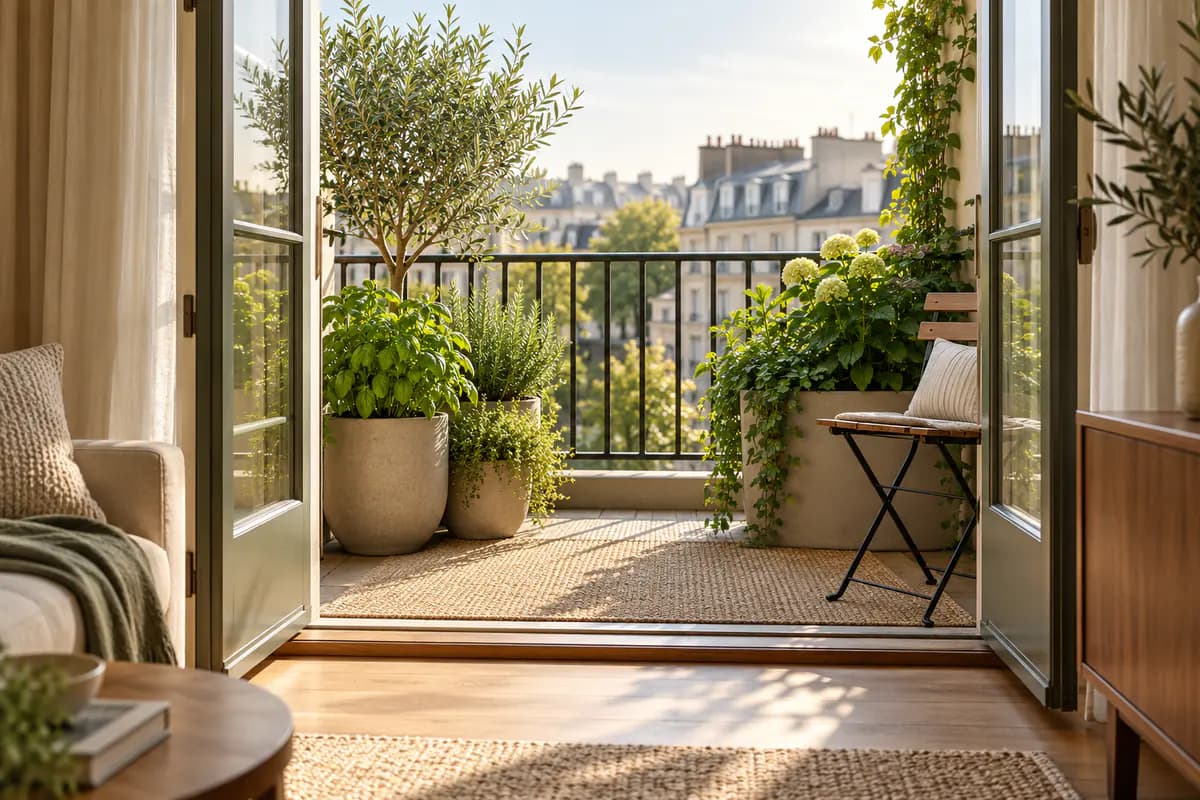 Compact balcony seating with potted greenery and an urban view.