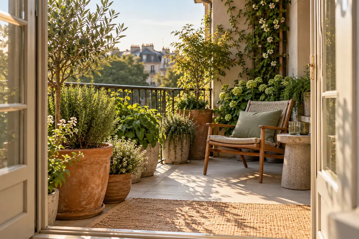 Small balcony chair beside terracotta planters in warm afternoon light.