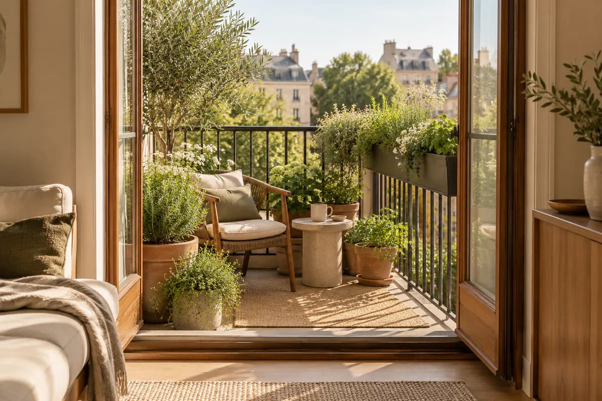 Apartment balcony with wood planters beside a bright sliding door.