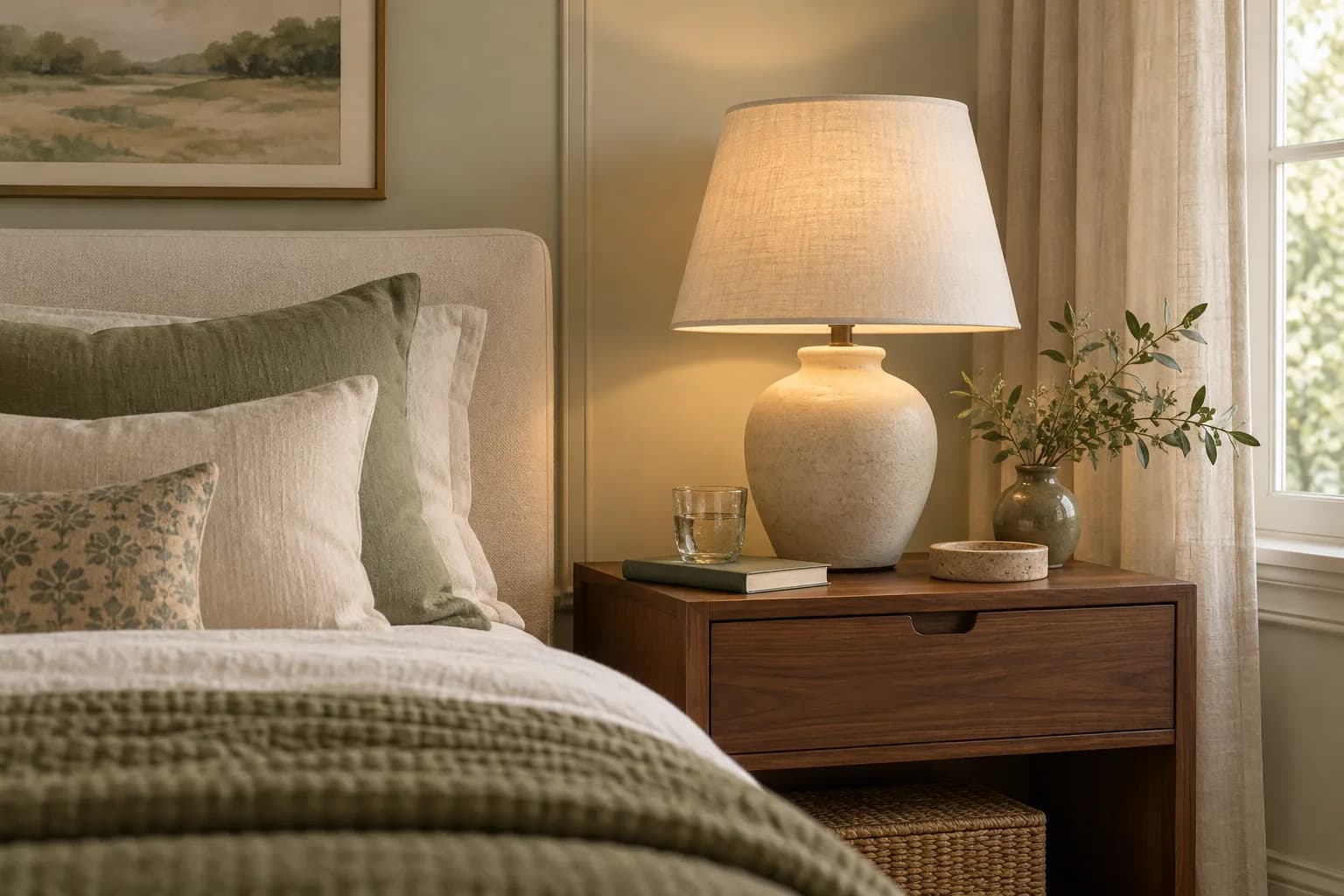 A ceramic table lamp with a linen shade on a walnut bedside table beside a book; illustrative styling, not a lighting measurement.
