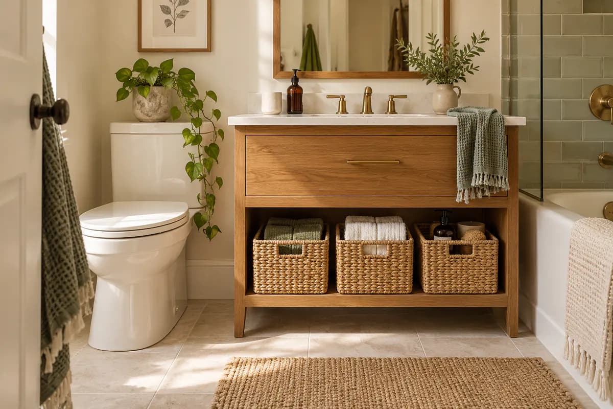 Compact bathroom vanity with woven baskets organized beneath an oak sink cabinet.