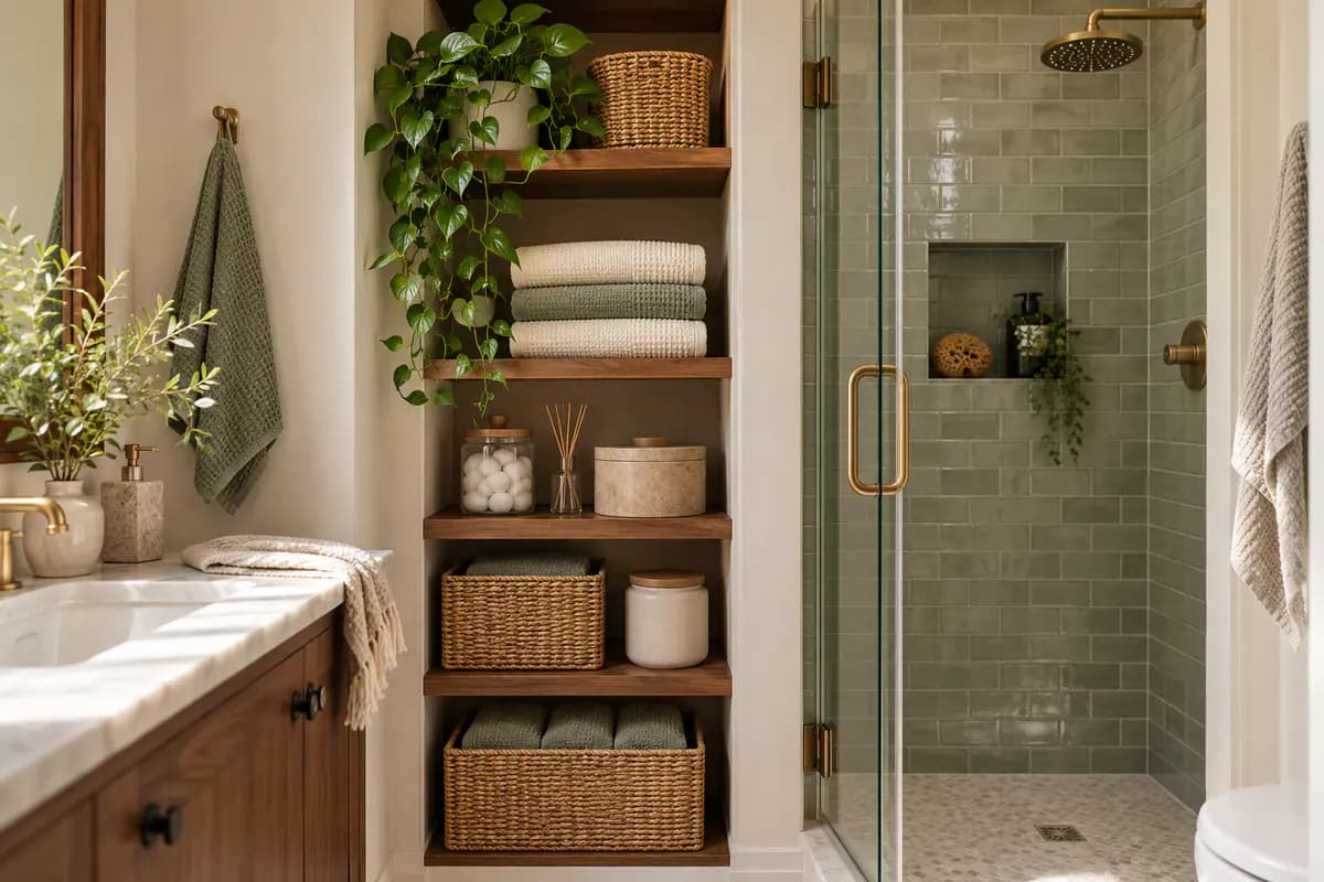 Narrow bathroom niche with folded towels and simple containers beside a shower.