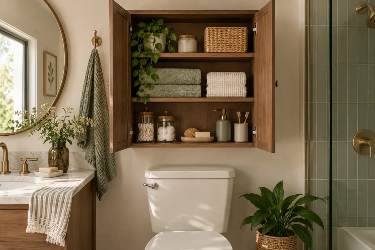 Shallow wall cabinet above a toilet holding neatly arranged towels and essentials.