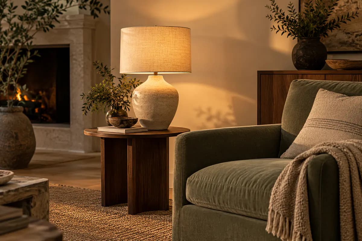 Table lamp glowing beside a sofa in a warm living room.