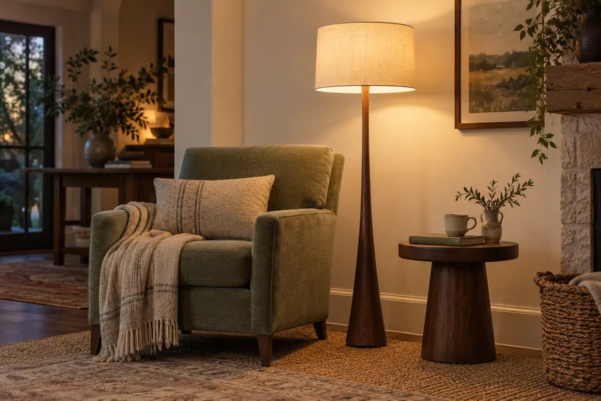 Reading lamp beside a lounge chair and side table in a softly lit room.