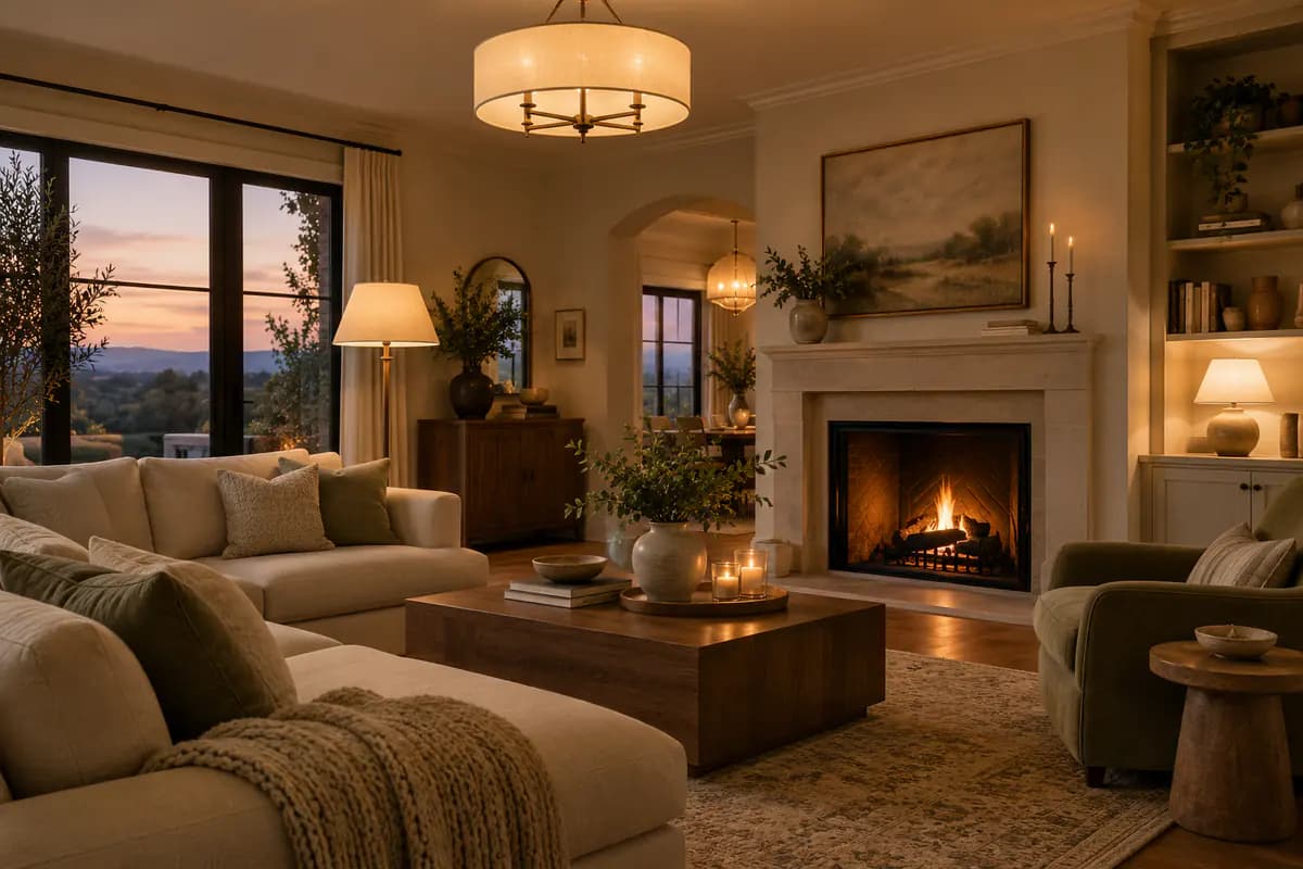 A living room at dusk with a ceiling fixture, floor lamp and small table lamp creating distinct layers of warm light.