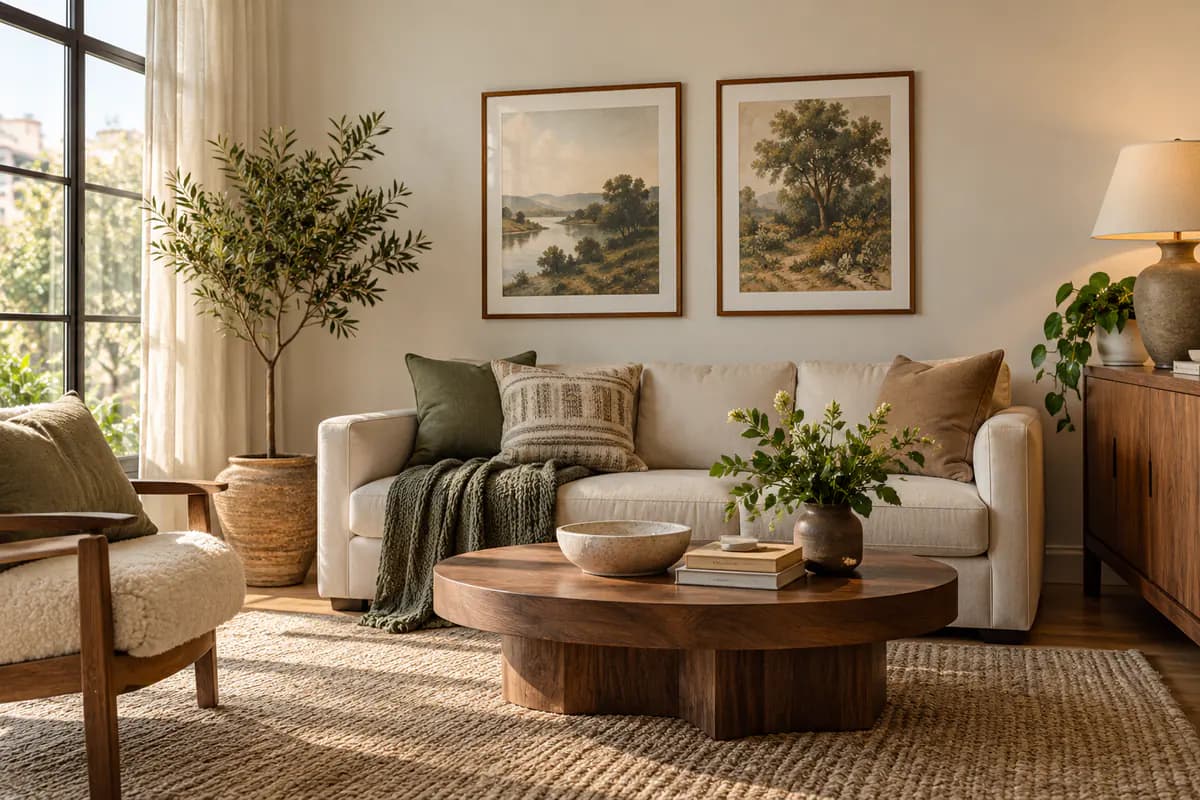 A renter’s living room wall with two lightweight framed prints hung neatly using removable adhesive picture strips, no visible brand or text.