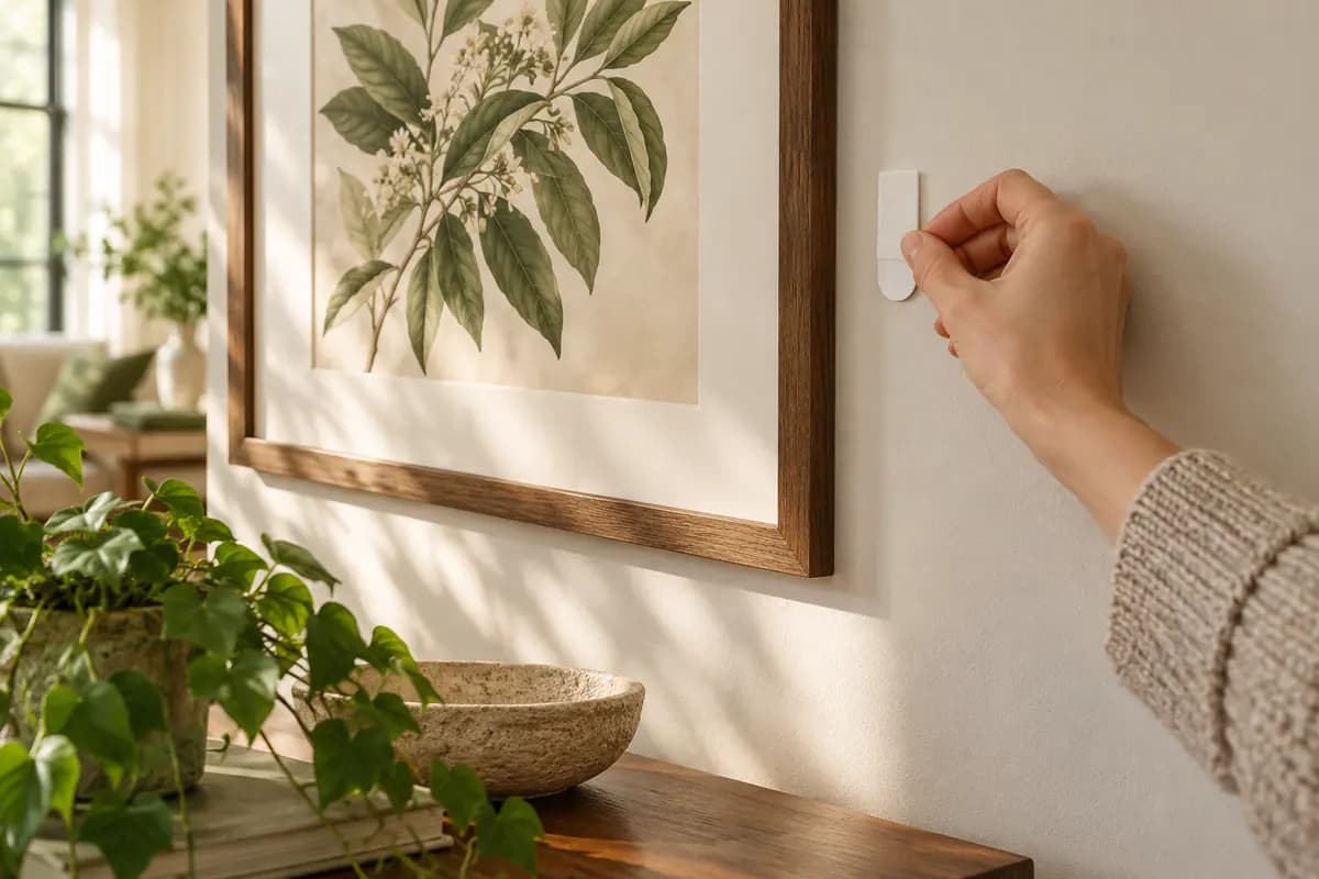 Close view of a hand checking a small removable hanging strip against a painted wall beside a framed botanical print.