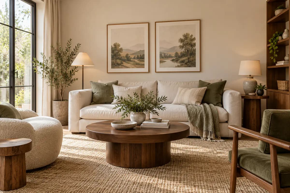 Calm rental living room with a balanced pair of framed prints above a sofa and no wall damage.