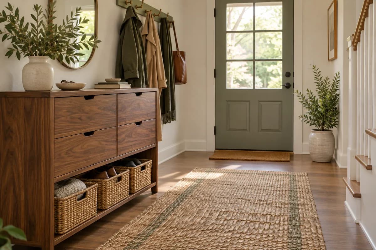Walnut entryway storage with woven baskets, hooks, and a clear path to the front door.